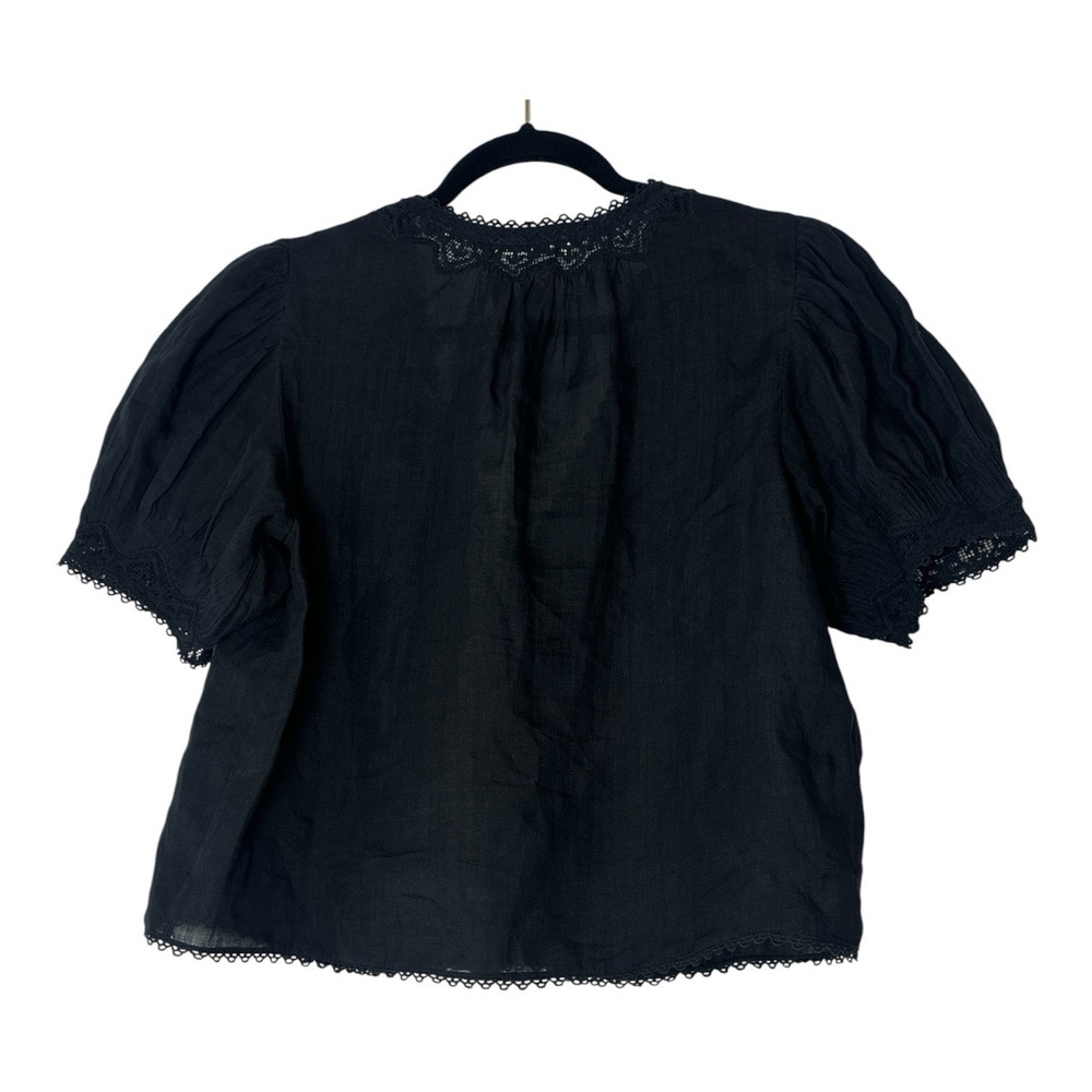 DÔEN Brigitta Lace Trim Top Womens Small Black Short Sleeve Ramie Coquette - Picture 4 of 13